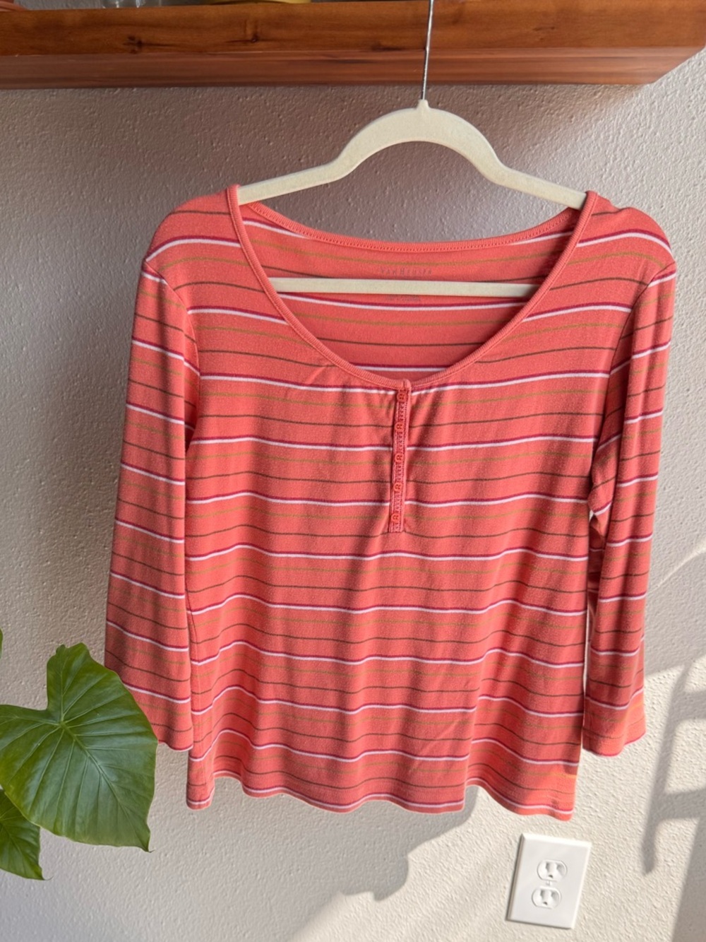 Van Heusen Coral Striped quarter-Sleeve Scoop Neck Top